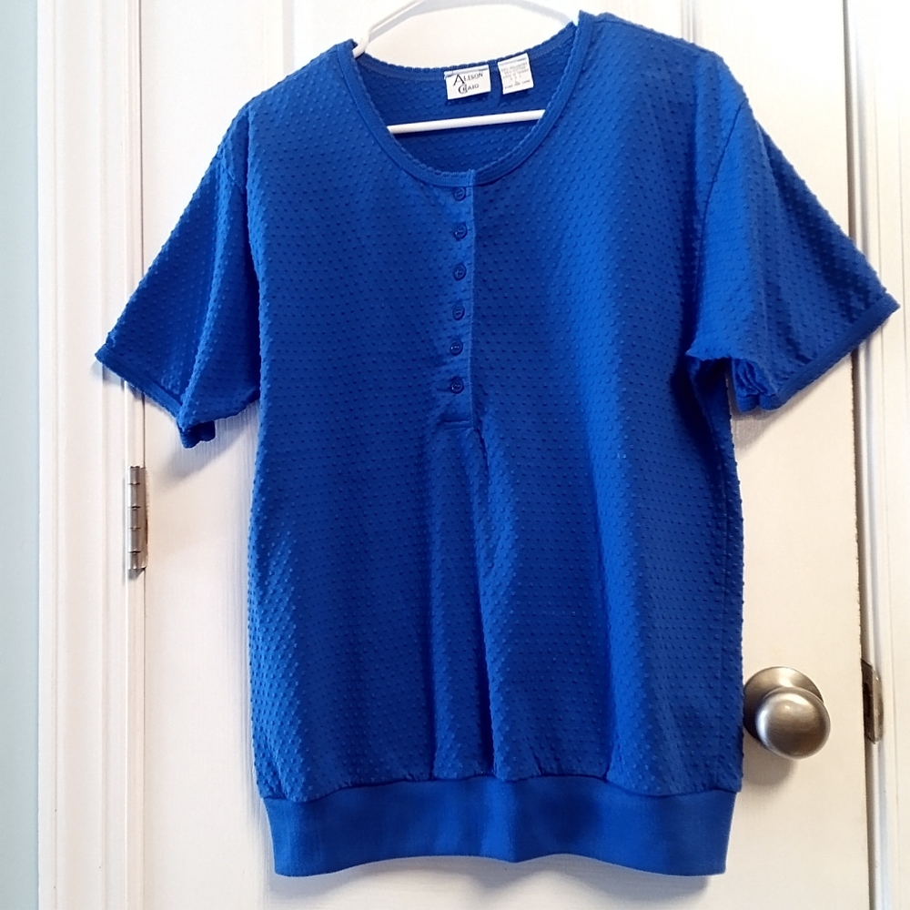 Alison Craig Blue Vintage Textured Top L Button Detail Casual Summer Spring